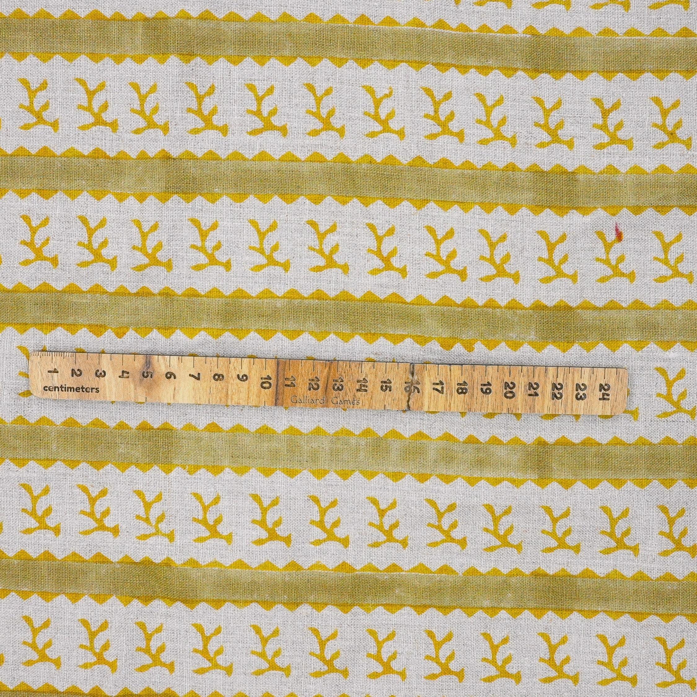 Hand Block Printed Decorative Mustard and Green Floral Pure Linen Fabric for Upholstery - Phool Dali