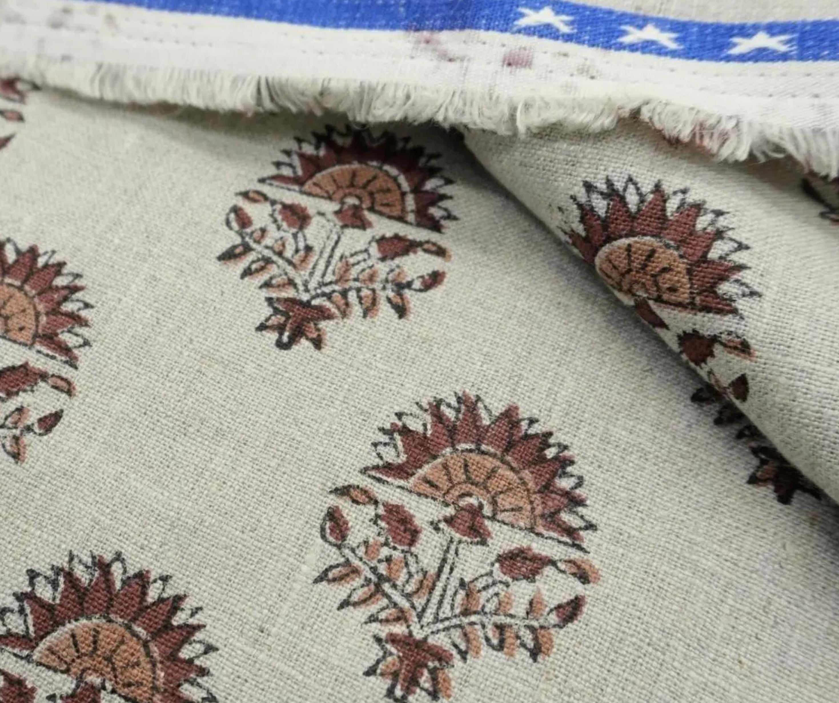 Linen Block Print Fabric 58 Inch Width Medium Weight Linen Natural Base Color Curtains and Drapes Upholstery Handmade Art Pillow Covers Tablecloths and Runners Bedding Tote Bag Lampshades Napkins