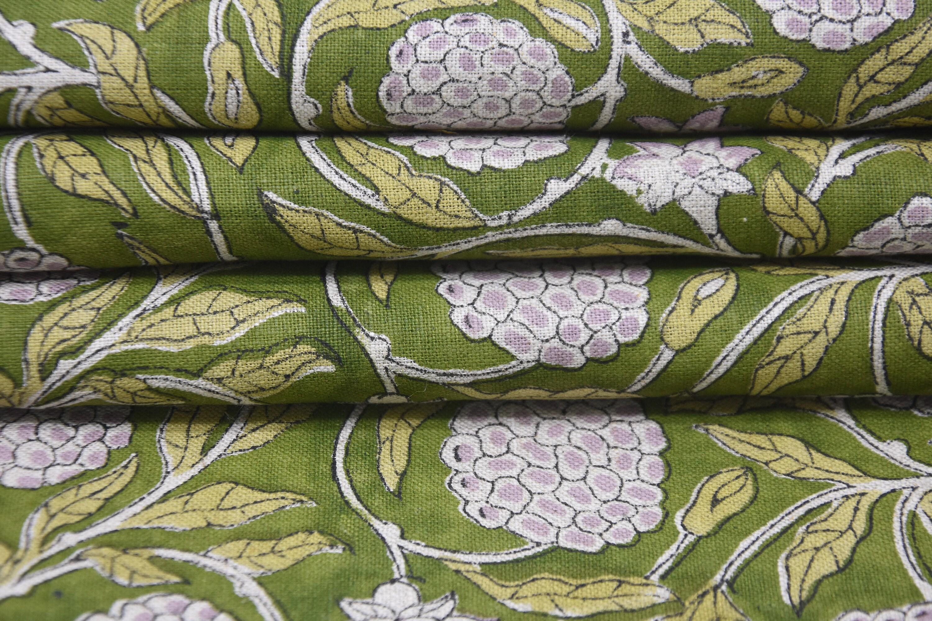 Linen Block Print Fabric 58 Inch Width Medium Weight Linen Natural Base Color Curtains and Drapes Upholstery Handmade Art Pillow Covers Tablecloths and Runners Bedding Tote Bag Lampshades Napkins by Fabritual