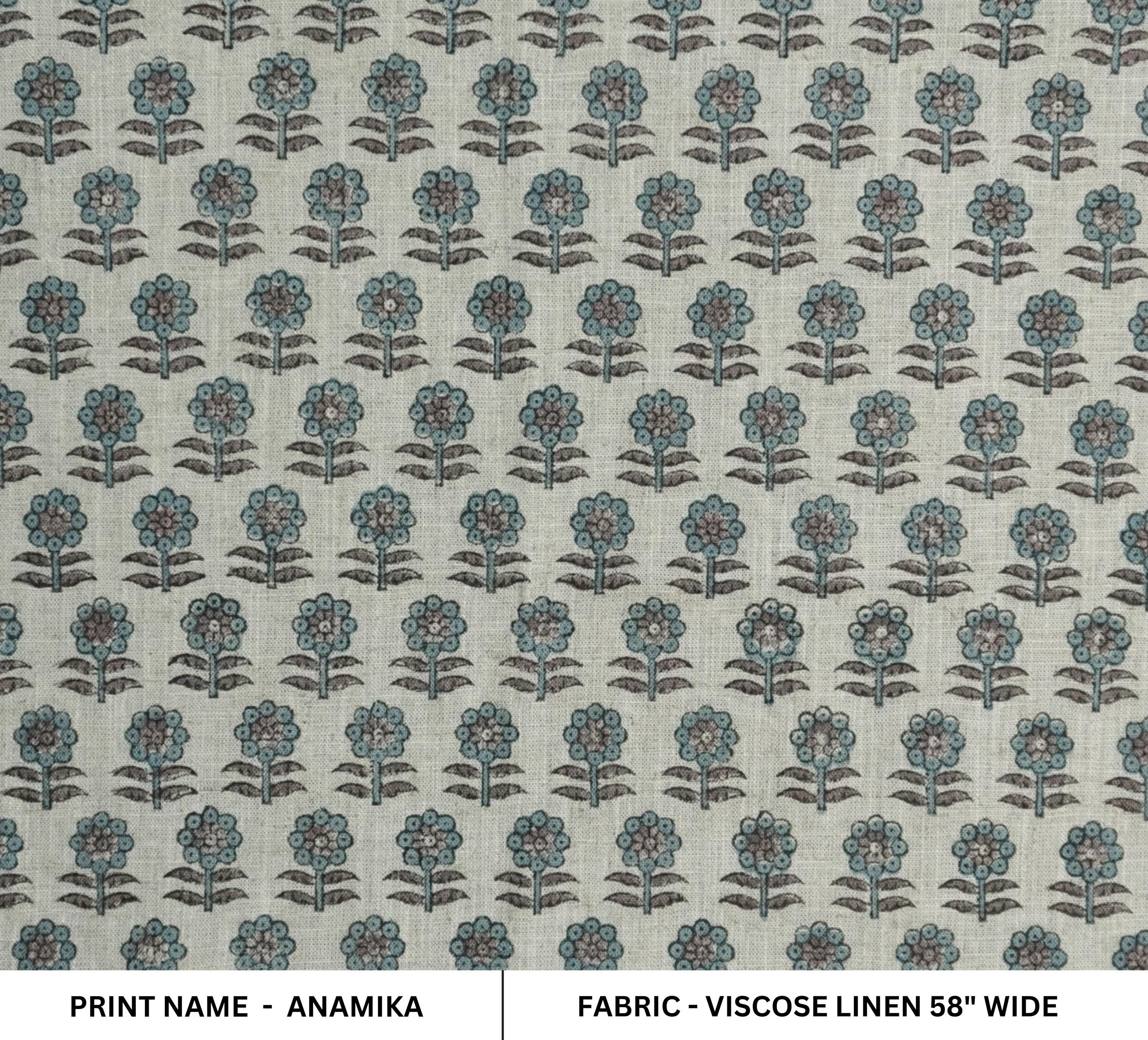 TEAL BLUE BLOCK PRINT FABRUC INDIAN HANDMADE FLORAL BOHO PILLOW AND CUSHION FABRIC VISCOSE LINEN - ANAMIKA