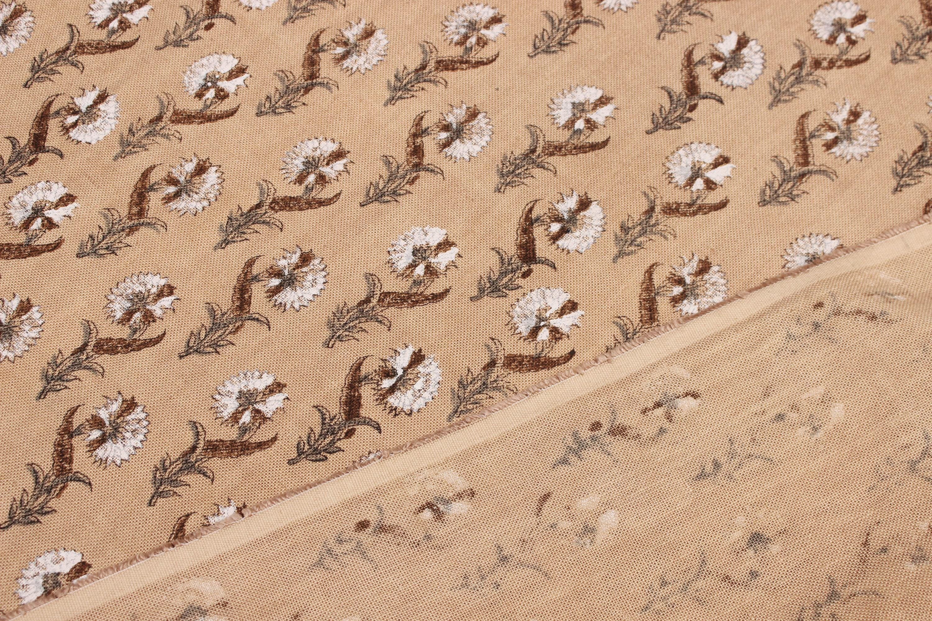 Hand Block Printed Brown and Dark Vanilla Floral Throw Pre Dip Fabric for Farmhouse Decor - Daffodil