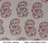 Indian Block Printed 100% Pure Linen Rust Brown & Pastel Blue Floral Fabric for Decorative Cushion Covers – Anarkali