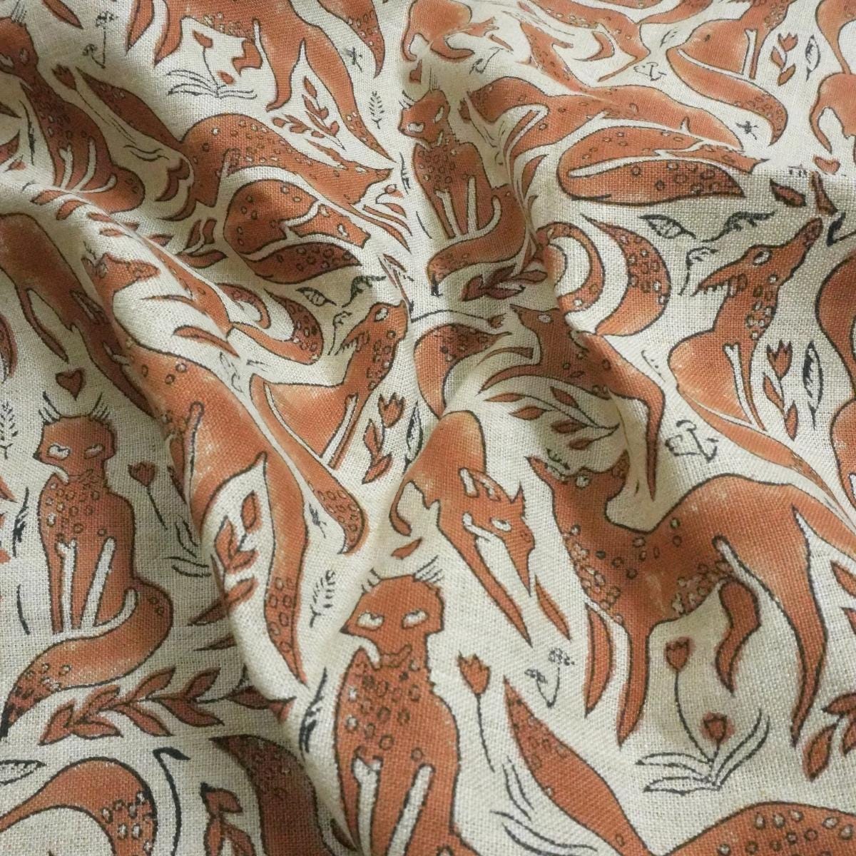 Handcrafted Indian Block Printed Premium Pure Linen Brown and Pastel Gray Animal 58" Wide Fabric – Gehravan