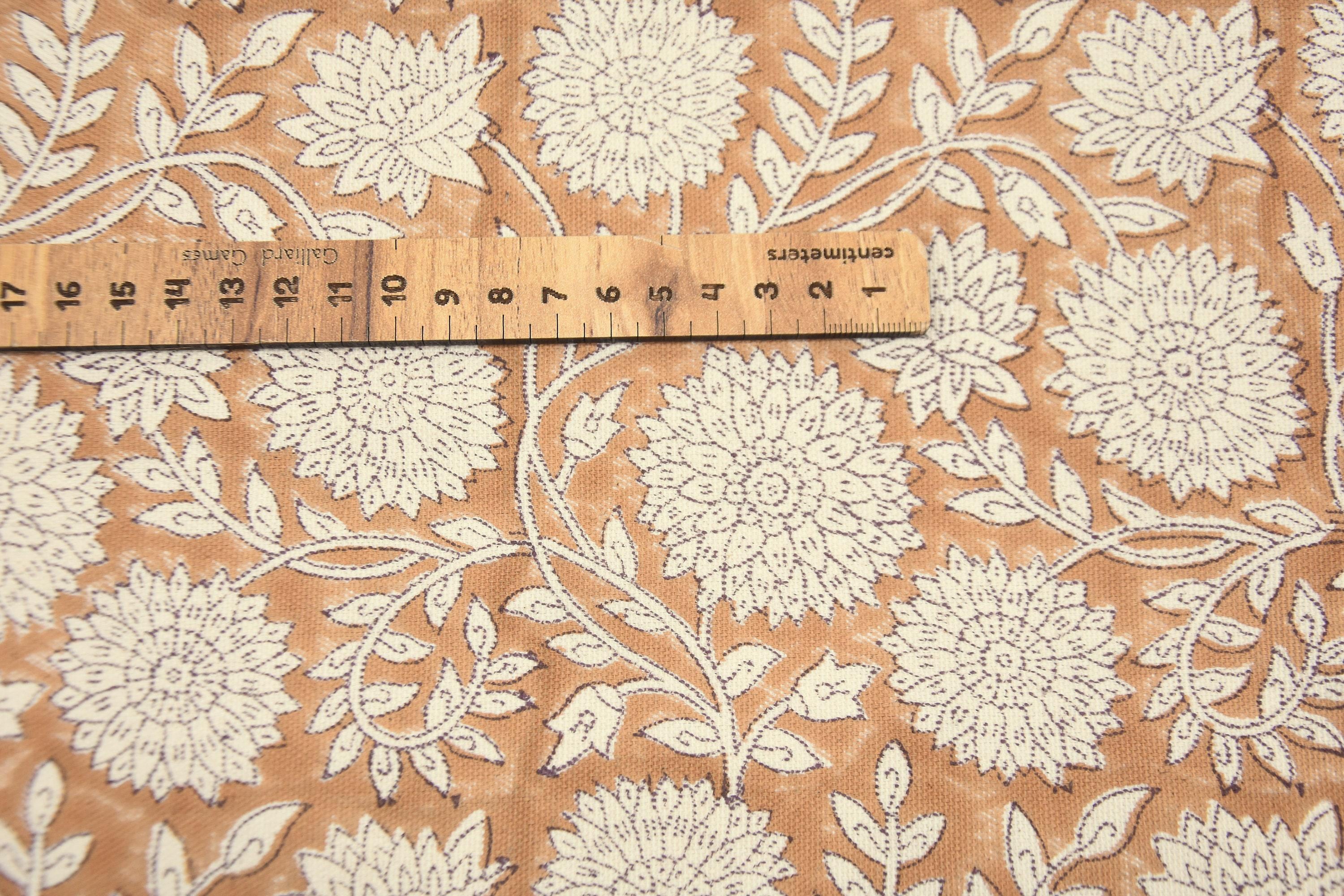 Block Printed Duck Canvas Fabric in Mediumweight Material in Bronze and Beige Floral for Window Curtains - RAJAT