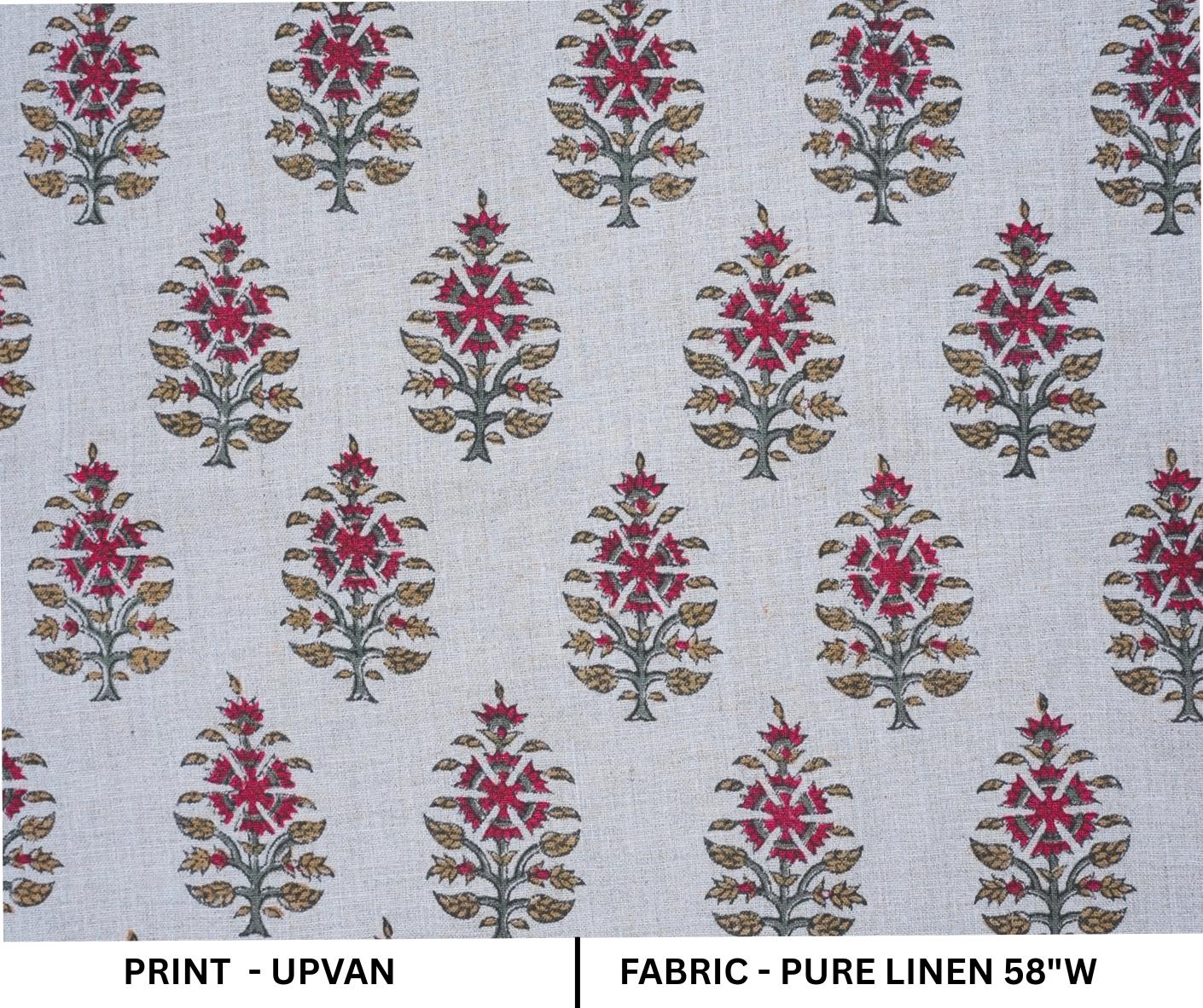Indian Pure Linen Hand Block Printed Pink and Gray Floral Fabric for Upholstery & Couch - Upvan