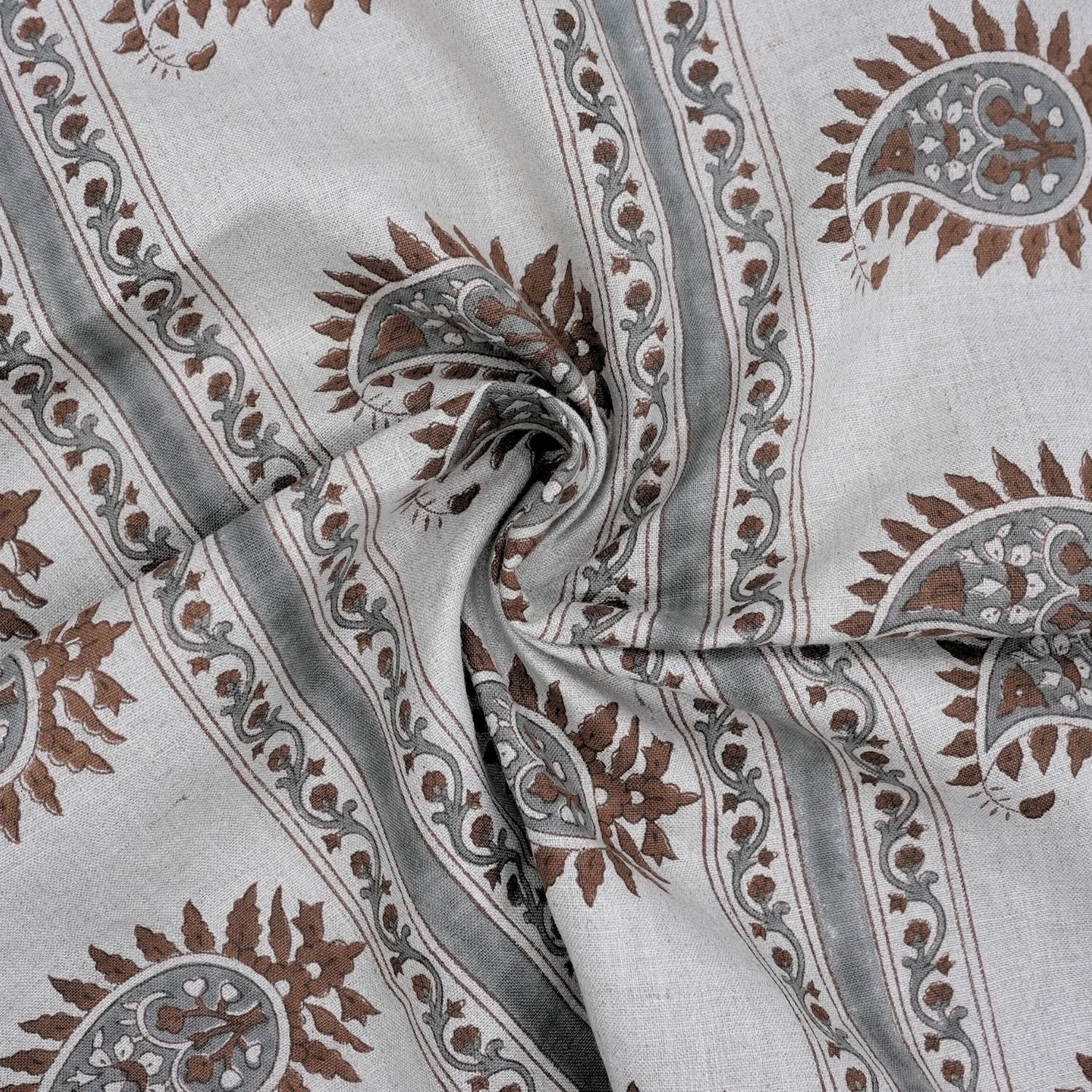 Handcrafted Brown and Gray Floral Cushion Fabric on Pure Linen with Basant Bela Design