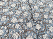 Handmade Block Printed Duck Canvas Fabric in Bluish & Beige Floral for Decorative Cushion & Curtain Covers - Amritvela