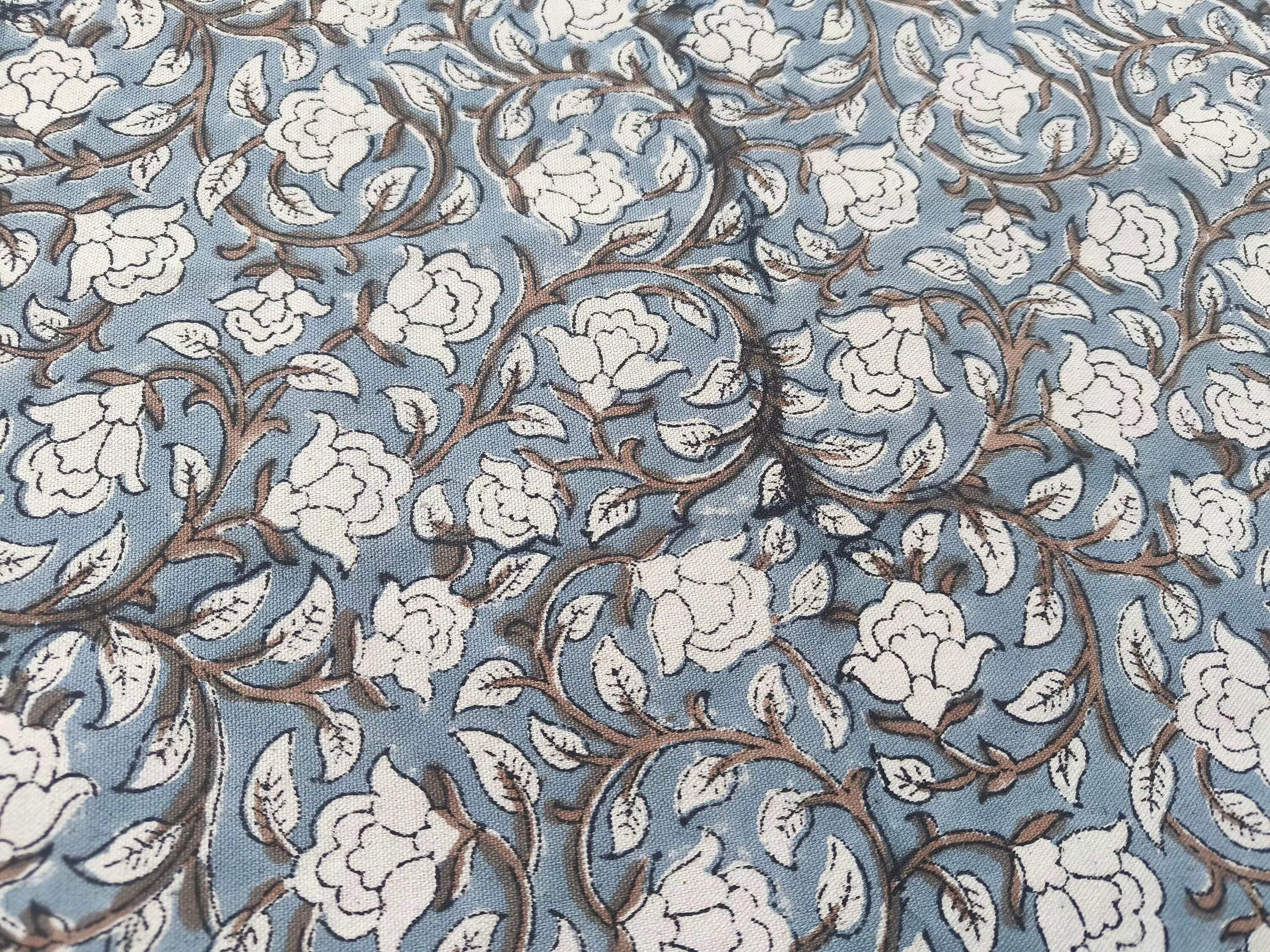 Handmade Block Printed Duck Canvas Fabric in Bluish & Beige Floral for Decorative Cushion & Curtain Covers - Amritvela