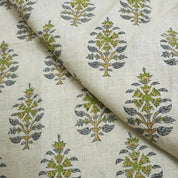 Handcrafted Pure Linen Green and Gray Leaf Floral Block Printed Fabric in Medium Weight Upholstery for Cushions - GULNAARI