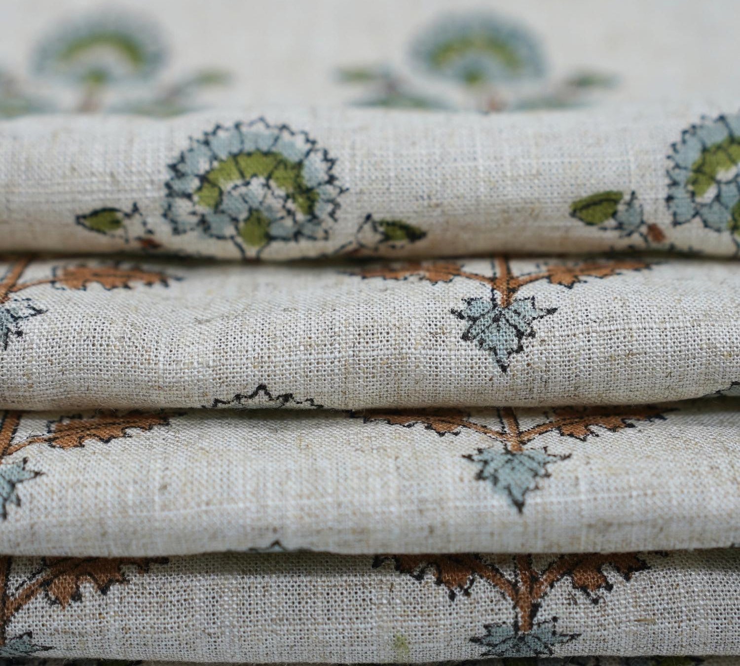 Block Print Fabric 58 Inch Width Light Weight Viscose Linen Natural Base Color and Mini Yellow Floral Print Curtains and Drapes Pillow Covers Tablecloths and Runners Bedding Tote Bag Napkins by Fabritual