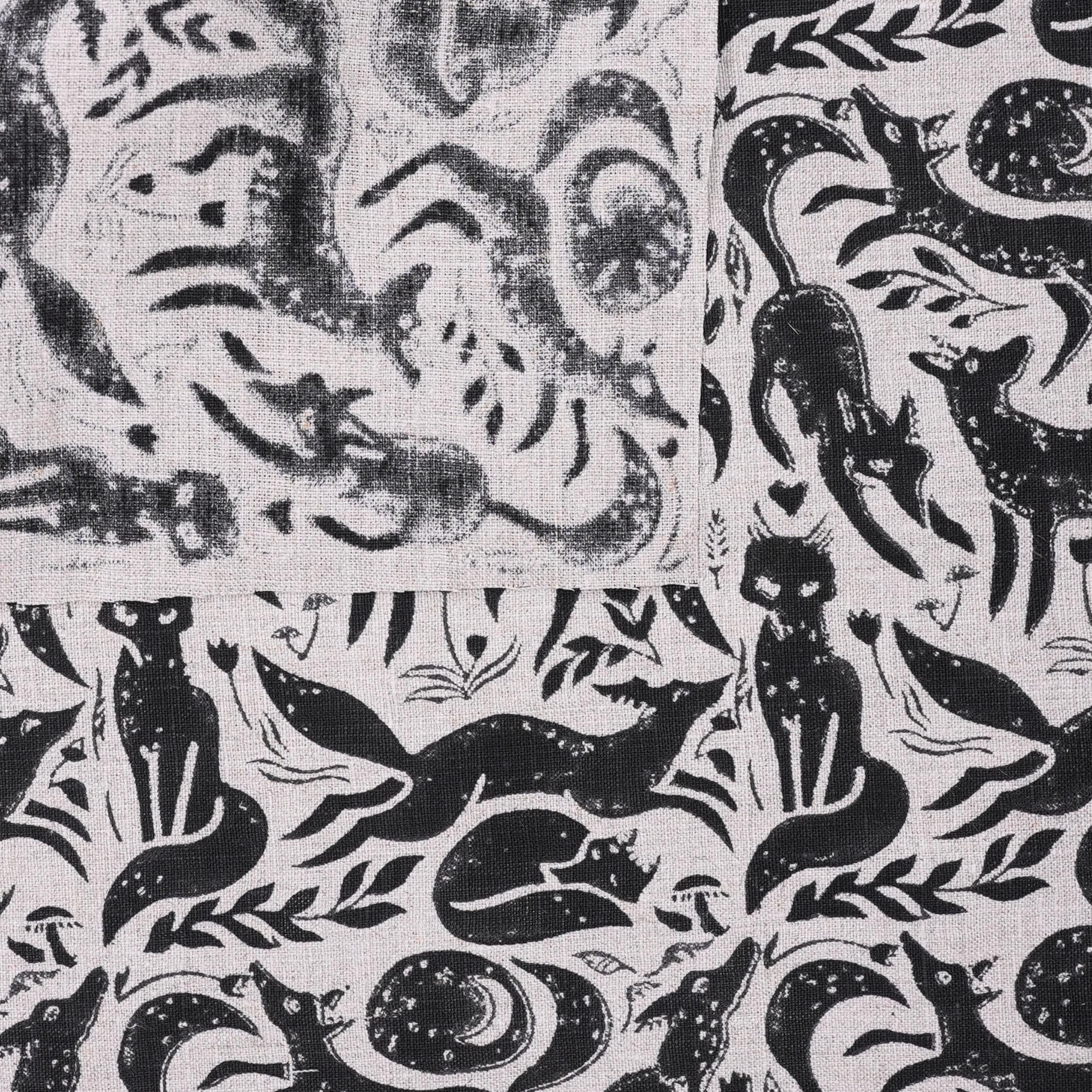 Indian Handmade Black Gehravan Print Textile Fabric on Pure Linen for Upholstery