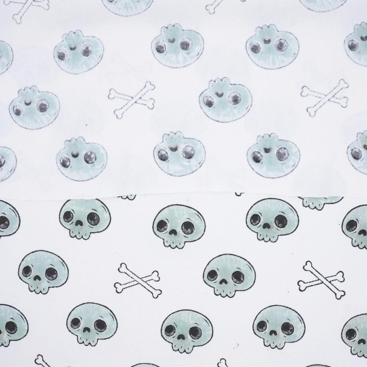 Indian Art Skeleton Print in Blue and Black Handmade Thick Cotton White Halloween Fabric for Table Cover