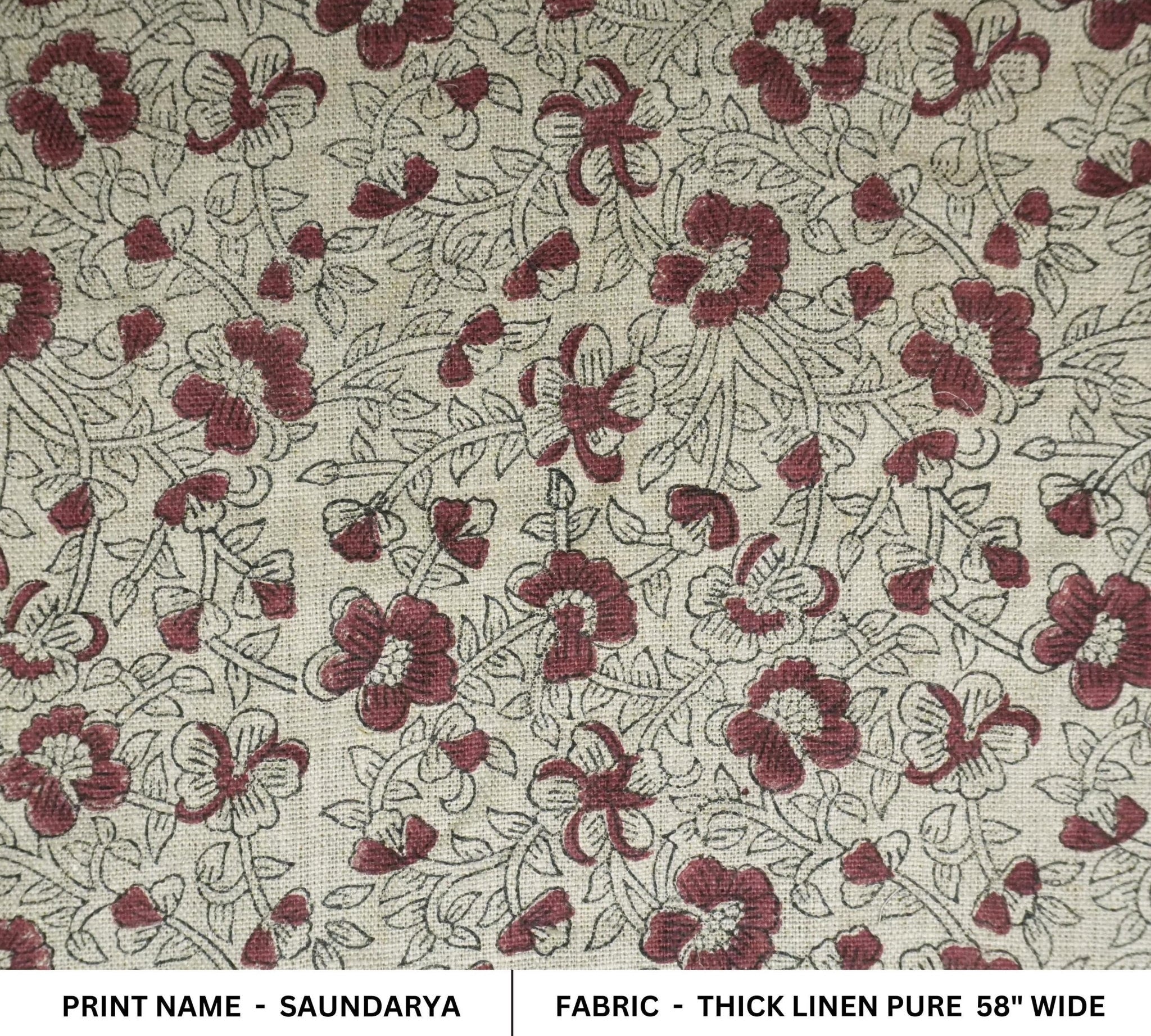 Linen Block Print Fabric 58 Inch Width Heavy Weight Linen Natural Base Color Curtains and Drapes Upholstery Handmade Art Pillow Covers Tablecloths and Runners Bedding Tote Bag Lampshades Napkins by Fabritual