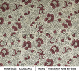 Handmade Block Printed 100% Thick Linen Brown and Beige Floral Fabric for Sofa & Couch Cover - Saundarya