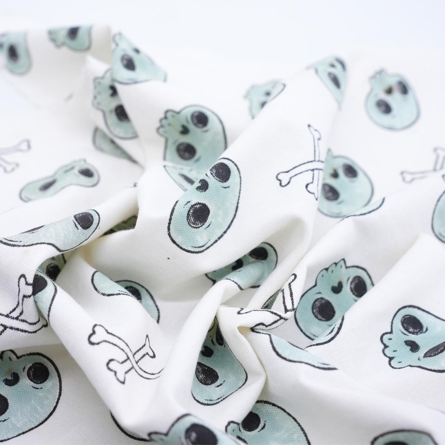 Indian Art Skeleton Print in Blue and Black Handmade Thick Cotton White Halloween Fabric for Table Cover