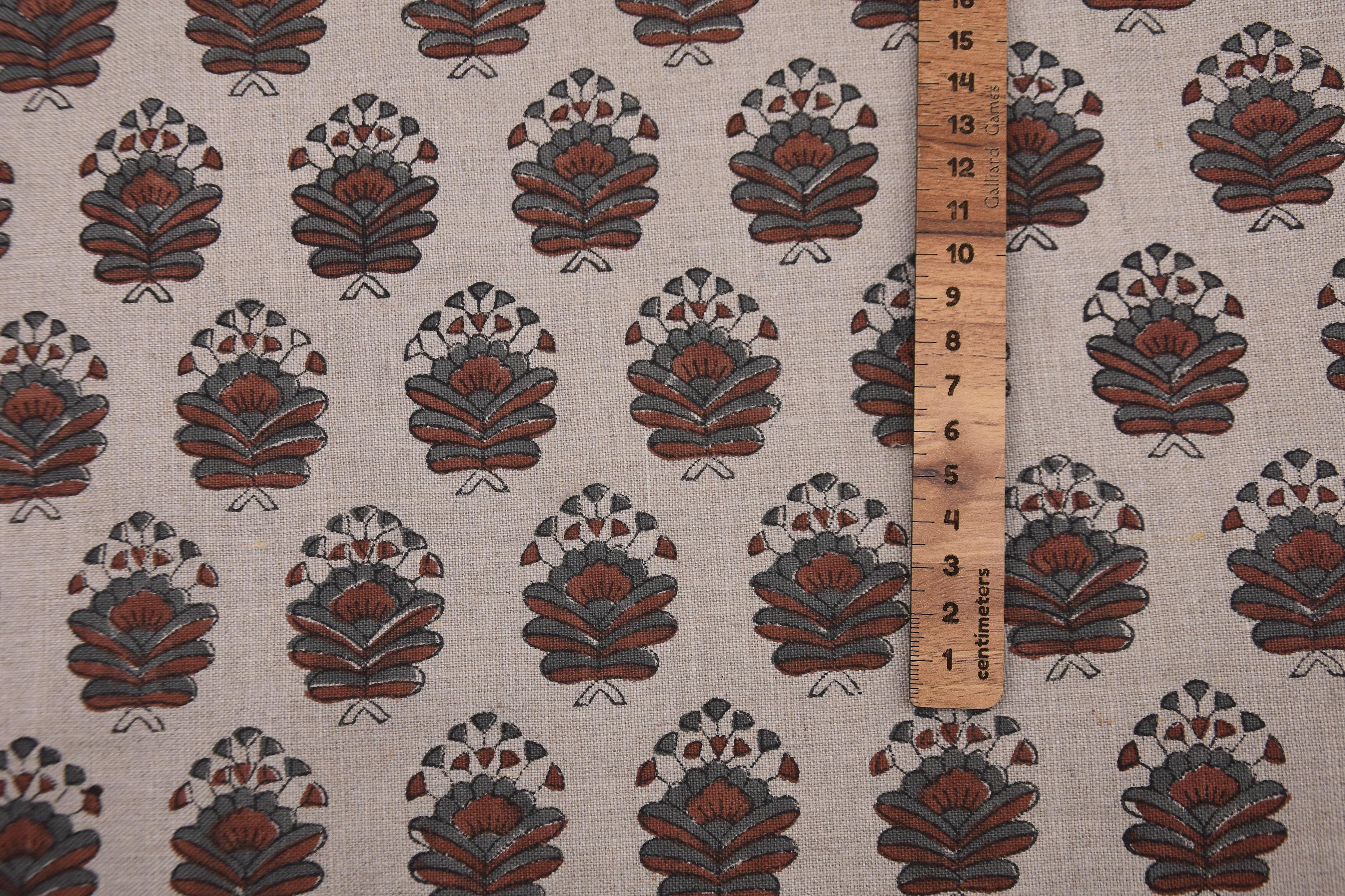 Linen Block Print Fabric 58 Inch Width Medium Weight Linen Natural Base Color Curtains and Drapes Upholstery Pillow Covers Tablecloths and Runners Bedding Tote Bag Lampshades Napkins by Fabritual