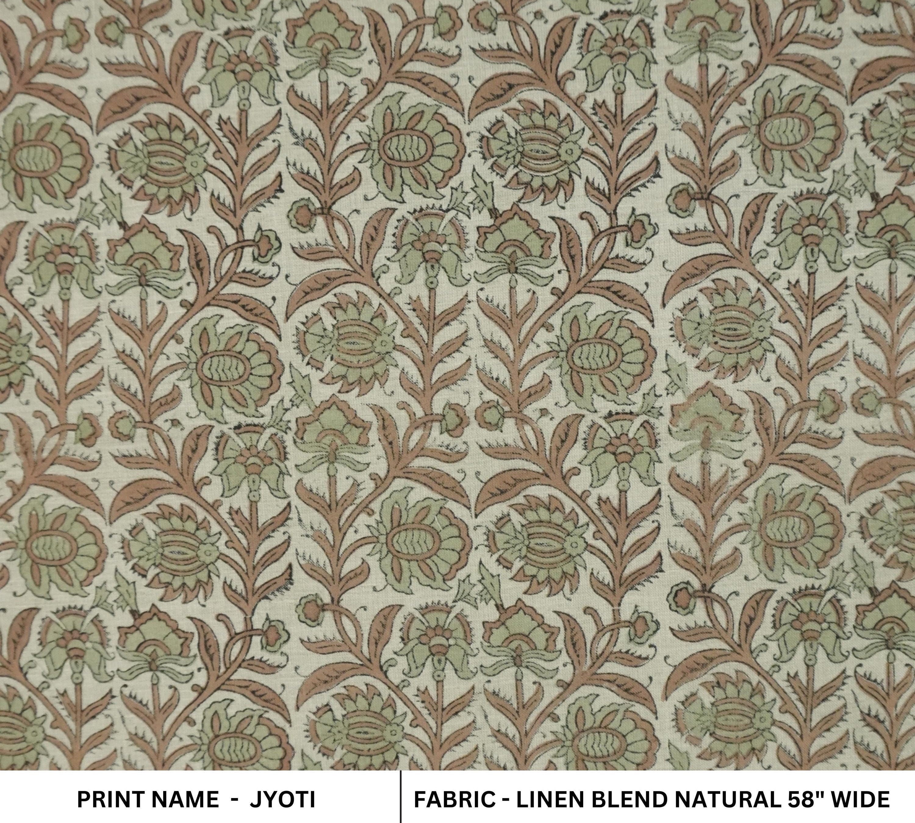 Cotton linen blend, Indian floral print for boho tablecloths and living room chairs, Hand block printed viscose linen, floral Indian design for napkins and drapery, Earthy tone cotton mix fabric, floral print for chair cushions and rustic tables.