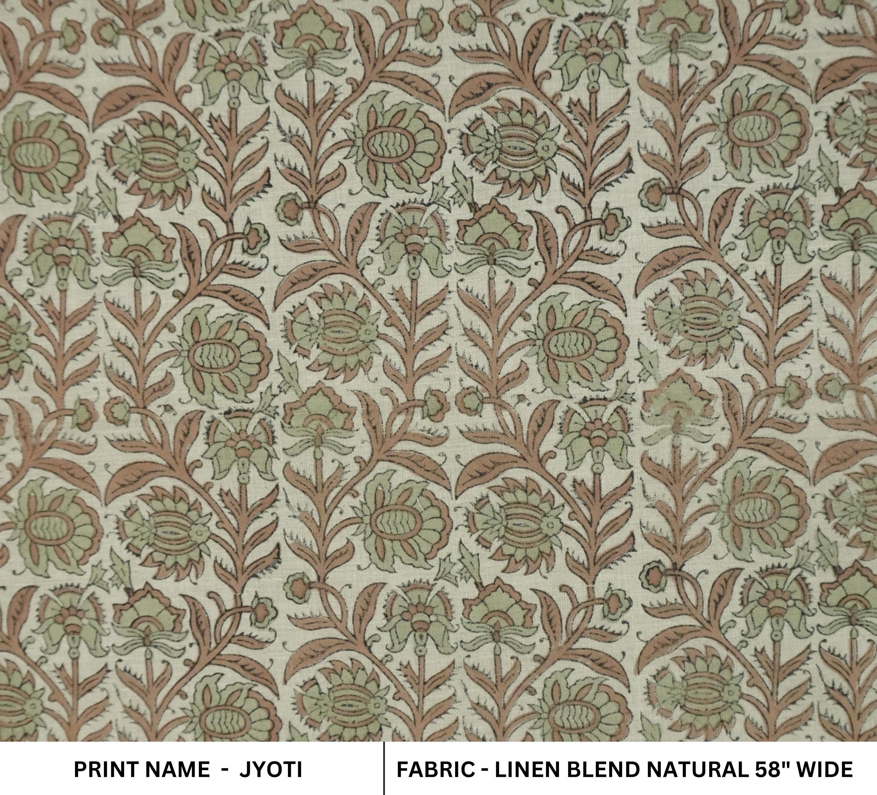 Cotton linen blend, Indian floral print for boho tablecloths and living room chairs, Hand block printed viscose linen, floral Indian design for napkins and drapery, Earthy tone cotton mix fabric, floral print for chair cushions and rustic tables.