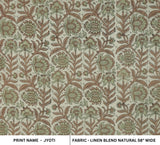 Hand Stamped Block Printed Boho Bronze and Sage Green Floral Premium Linen Blend Fabric for Couch Pillows - JYOTI