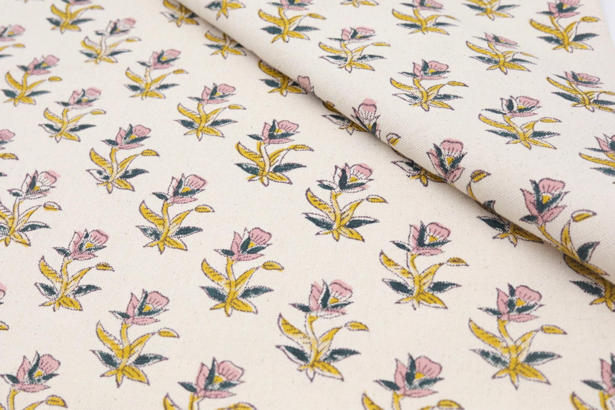 Cotton Block Print Fabric 50 Inch Width Medium Weight Duck Canvas Beige Base Color Tablecloths and Runners Curtains and Drapes Pillow Cover Curtains and Drapes  Bedding Tote Bag Napkins by Fabritual