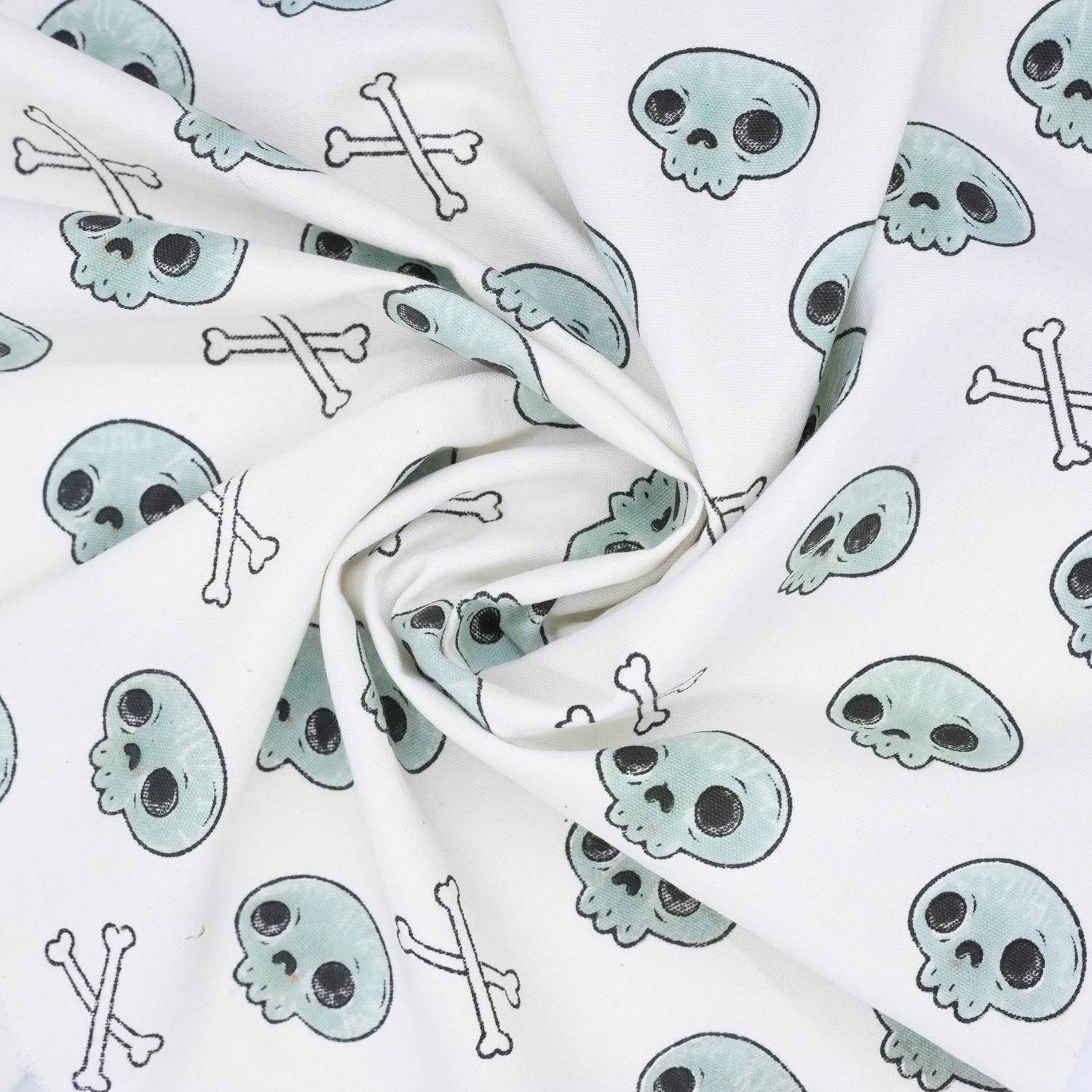 Indian Art Skeleton Print in Blue and Black Handmade Thick Cotton White Halloween Fabric for Table Cover