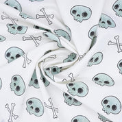 Indian Art Skeleton Print in Blue and Black Handmade Thick Cotton White Halloween Fabric for Table Cover