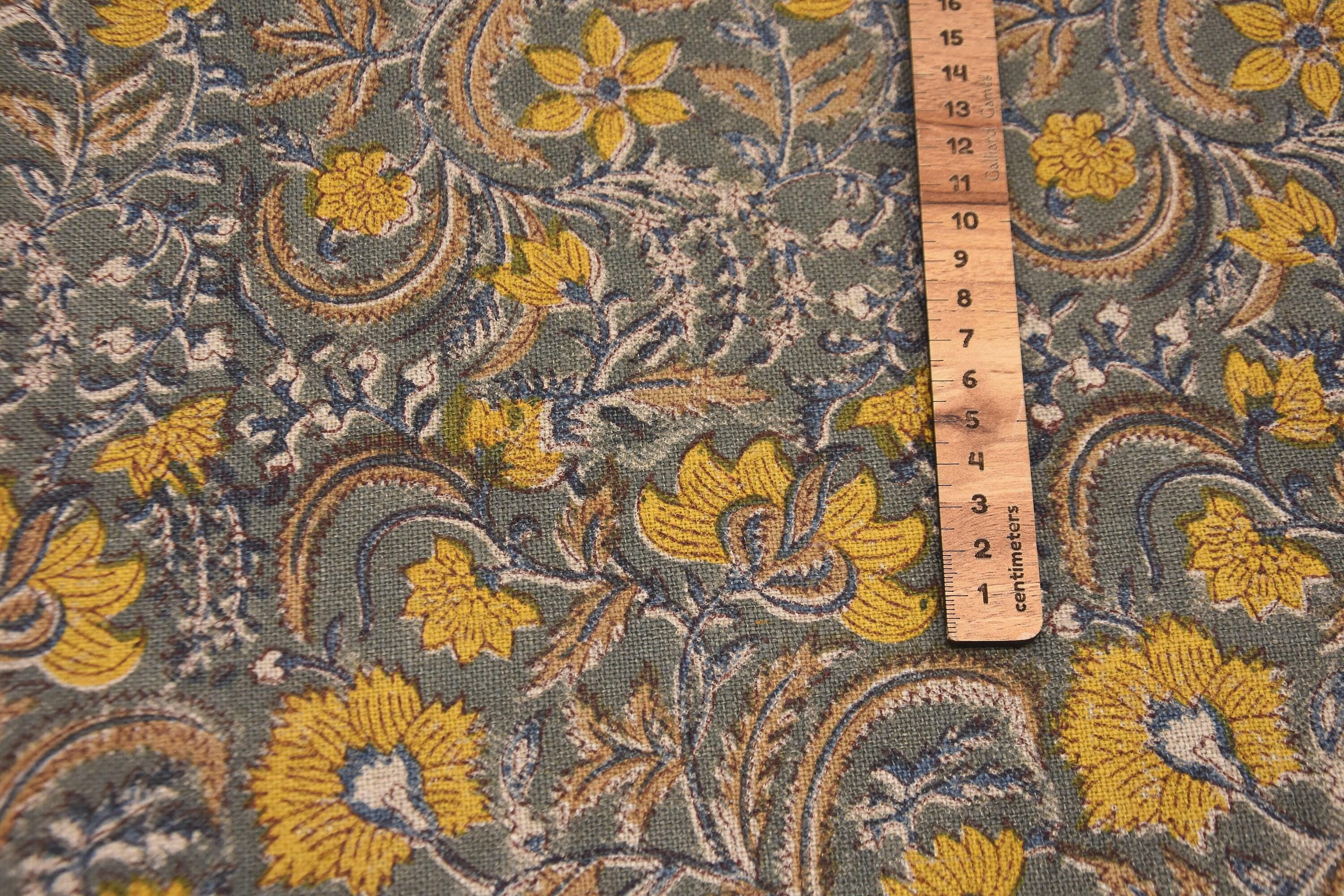 Linen Block Print Fabric 58 Inch Width Heavy Weight Linen Natural Base Color Curtains and Drapes Upholstery Handmade Art Pillow Covers Tablecloths and Runners Bedding Tote Bag Lampshades Napkins by Fabritual