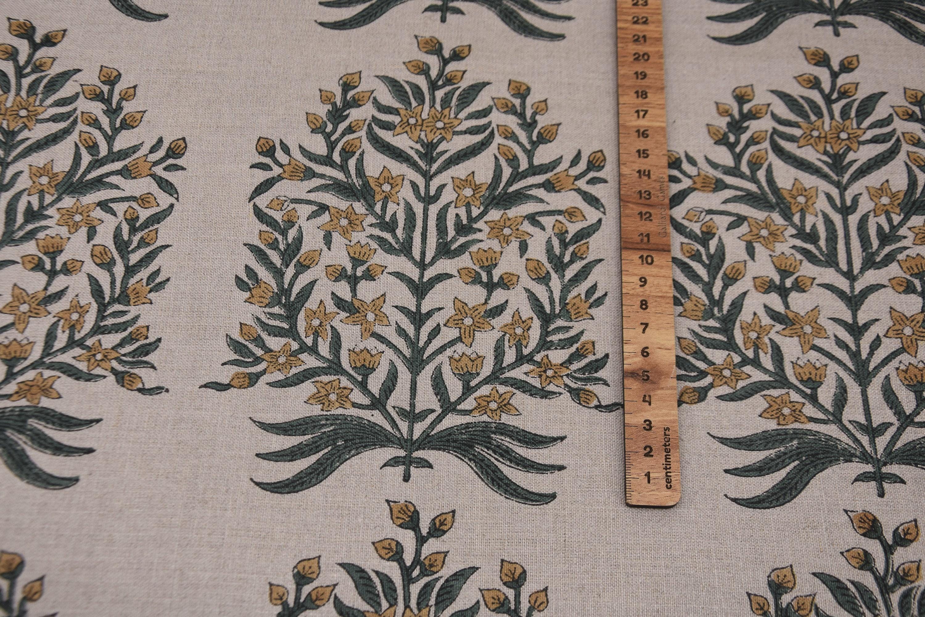 Linen Block Print Fabric 58 Inch Width Medium Weight Linen Natural Base Color Curtains and Drapes Upholstery Handmade Art Pillow Covers Tablecloths and Runners Bedding Tote Bag Lampshades Napkins by Fabritual