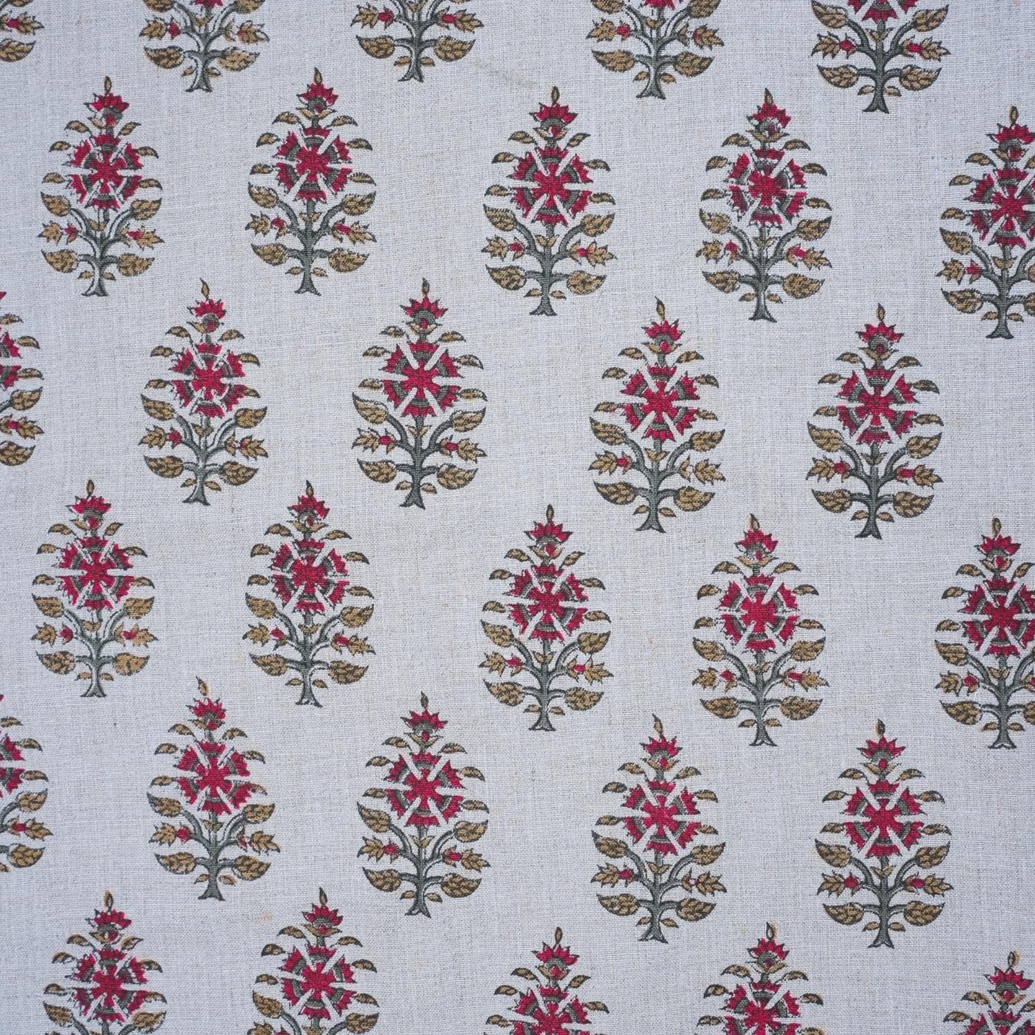 Indian Pure Linen Hand Block Printed Pink and Gray Floral Fabric for Upholstery & Couch - Upvan