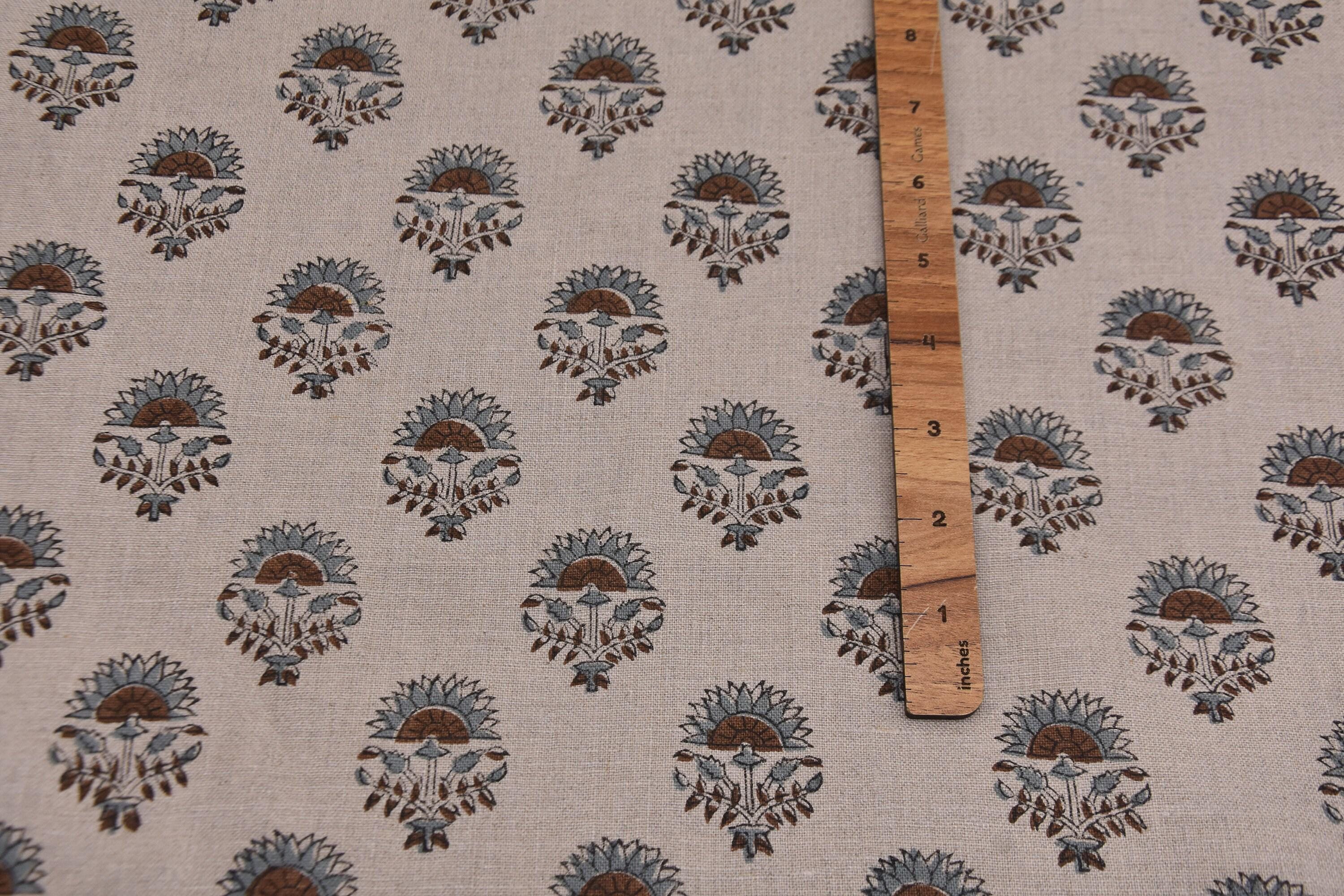 Linen Block Print Fabric 58 Inch Width Heavy Linen Natural Base With Indigo Color Curtains and Drapes Upholstery Pillow Covers Tablecloths and Runners Bedding Tote Bag by Fabritual