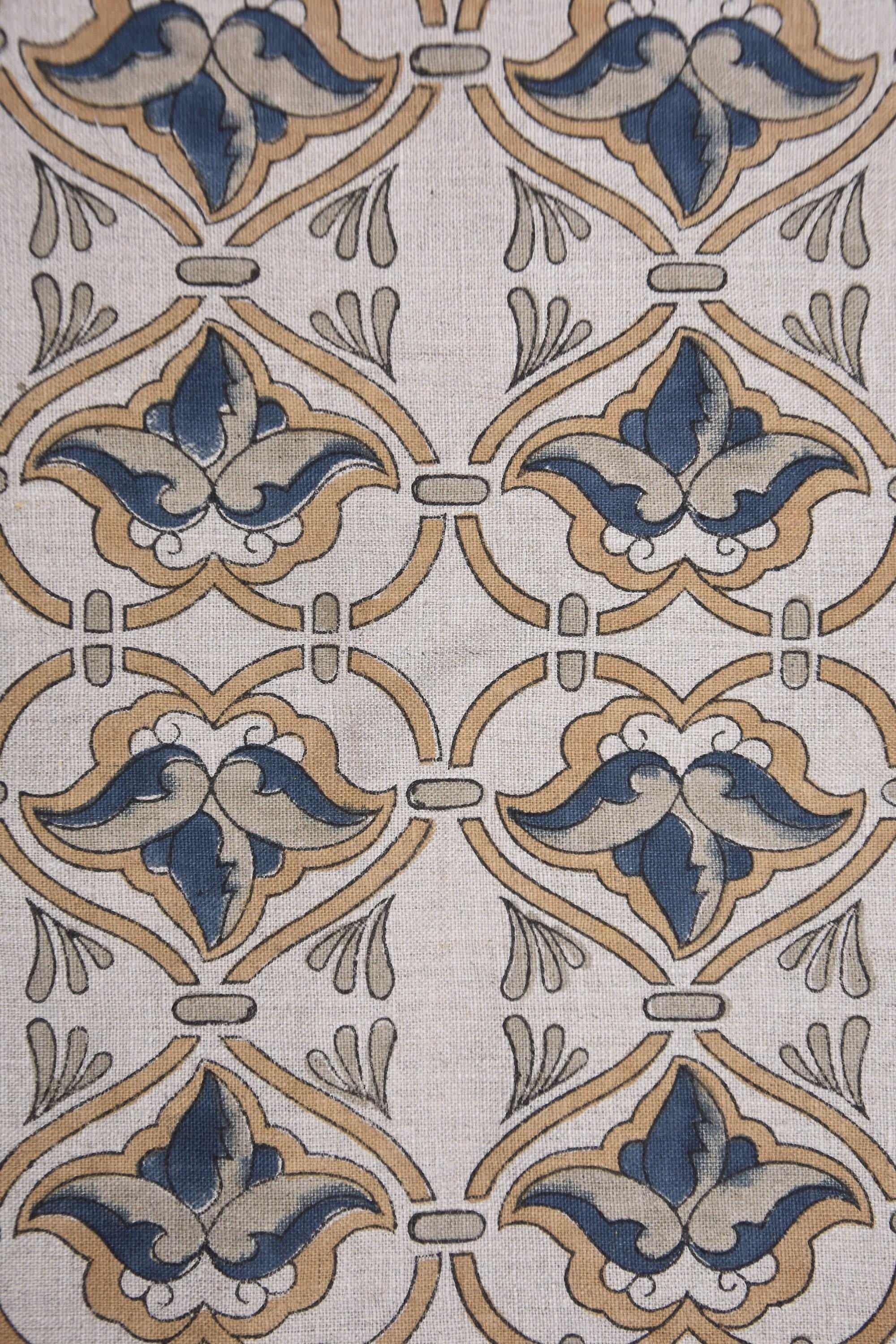 Linen Block Print Fabric 58 Inch Width Medium Weight Linen Natural Base Color Curtains and Drapes Upholstery Handmade Art Pillow Covers Tablecloths and Runners Bedding Tote Bag Napkins by Fabritual