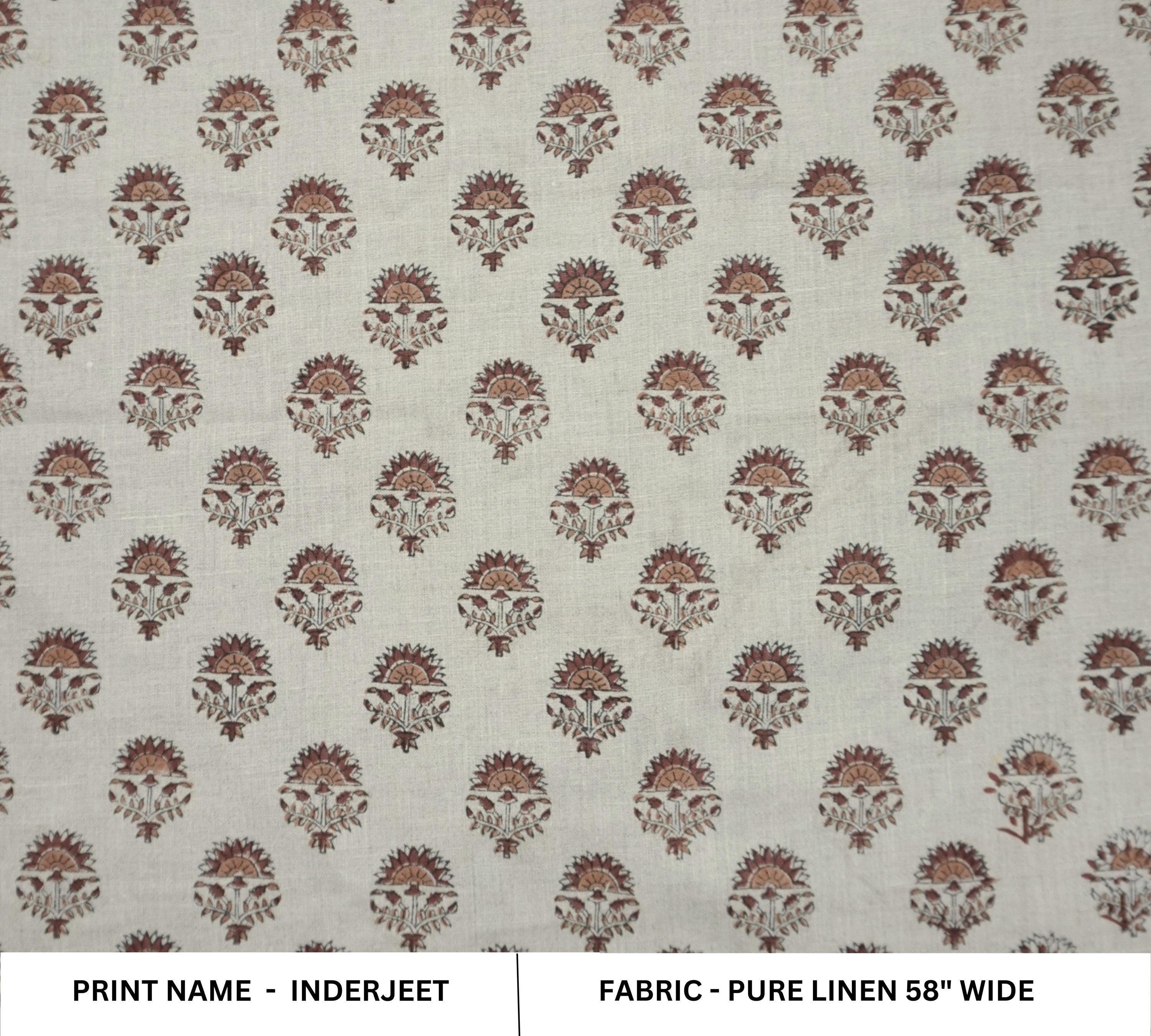 Linen Block Print Fabric 58 Inch Width Medium Weight Linen Natural Base Color Curtains and Drapes Upholstery Handmade Art Pillow Covers Tablecloths and Runners Bedding Tote Bag Lampshades Napkins by Fabritual