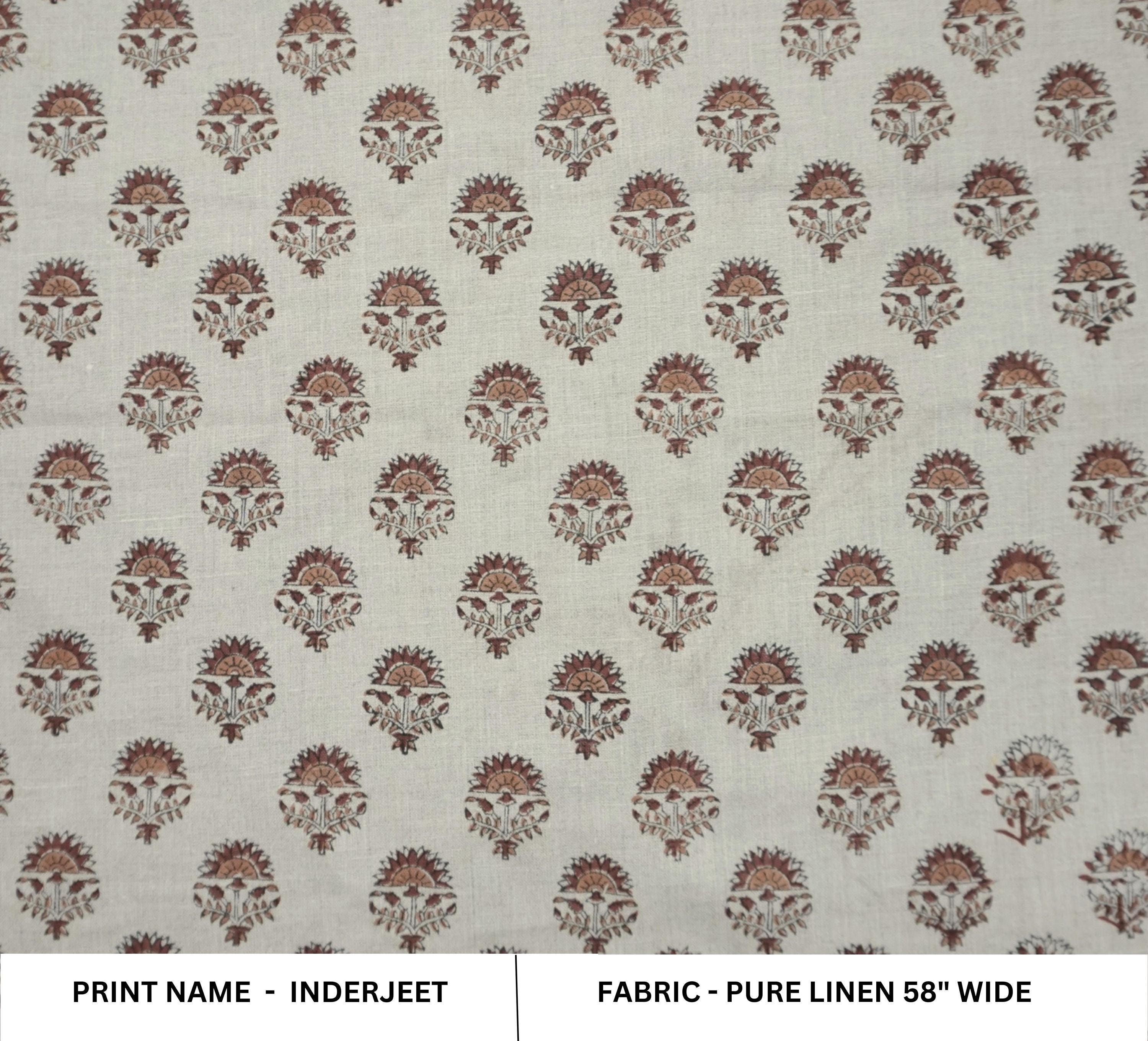 Linen Block Print Fabric 58 Inch Width Medium Weight Linen Natural Base Color Curtains and Drapes Upholstery Handmade Art Pillow Covers Tablecloths and Runners Bedding Tote Bag Lampshades Napkins by Fabritual