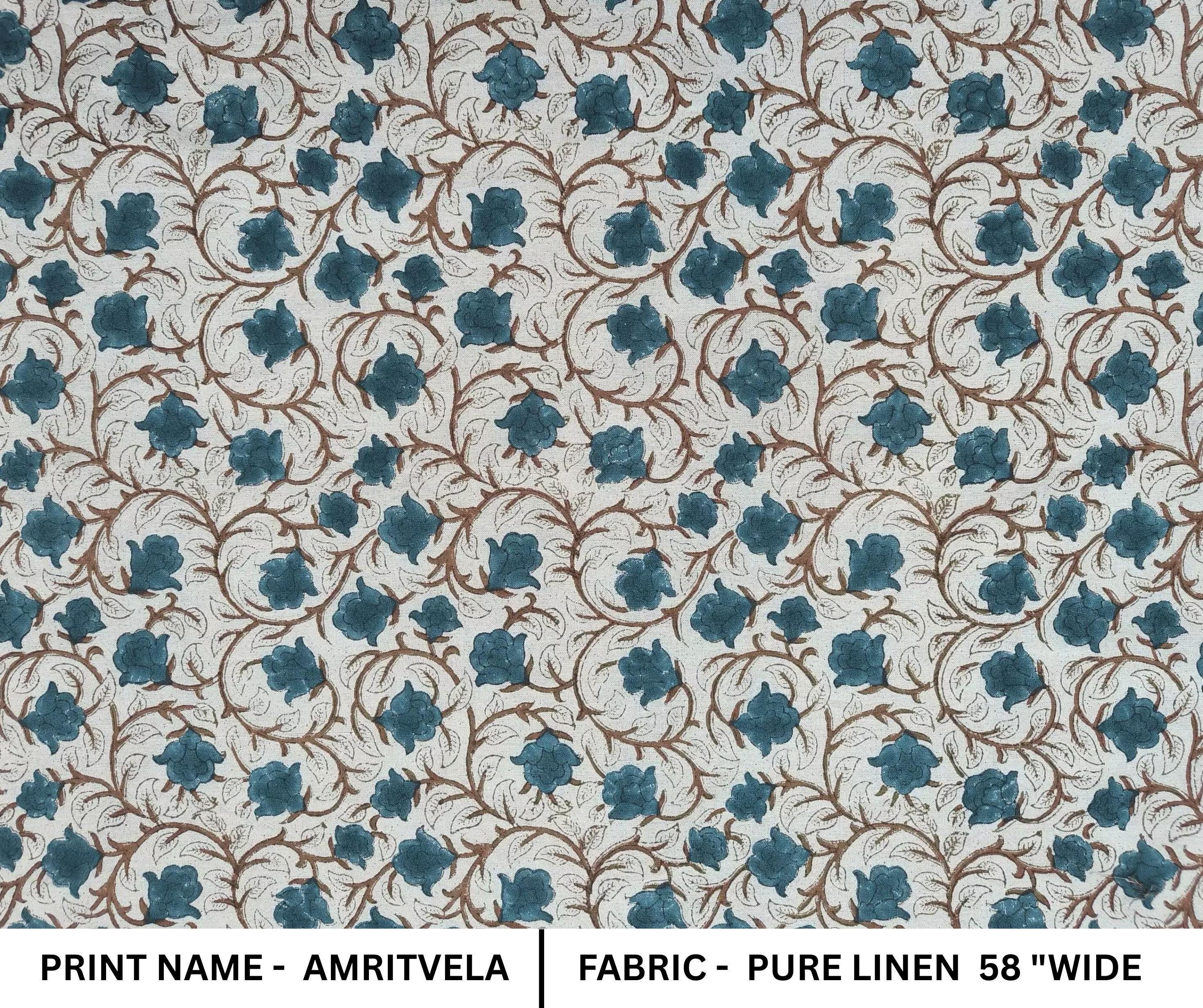 Linen Block Print Fabric 58 Inch Width Medium Weight Linen Natural Base Color Curtains and Drapes Upholstery Pillow Covers Tablecloths and Runners Bedding Tote Bag Lampshades Napkins by Fabritual