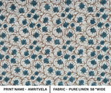Indian Made Block Printed 100% Pure Linen Fabric in Blue and Brown Floral Living Room Decor - Amritvela