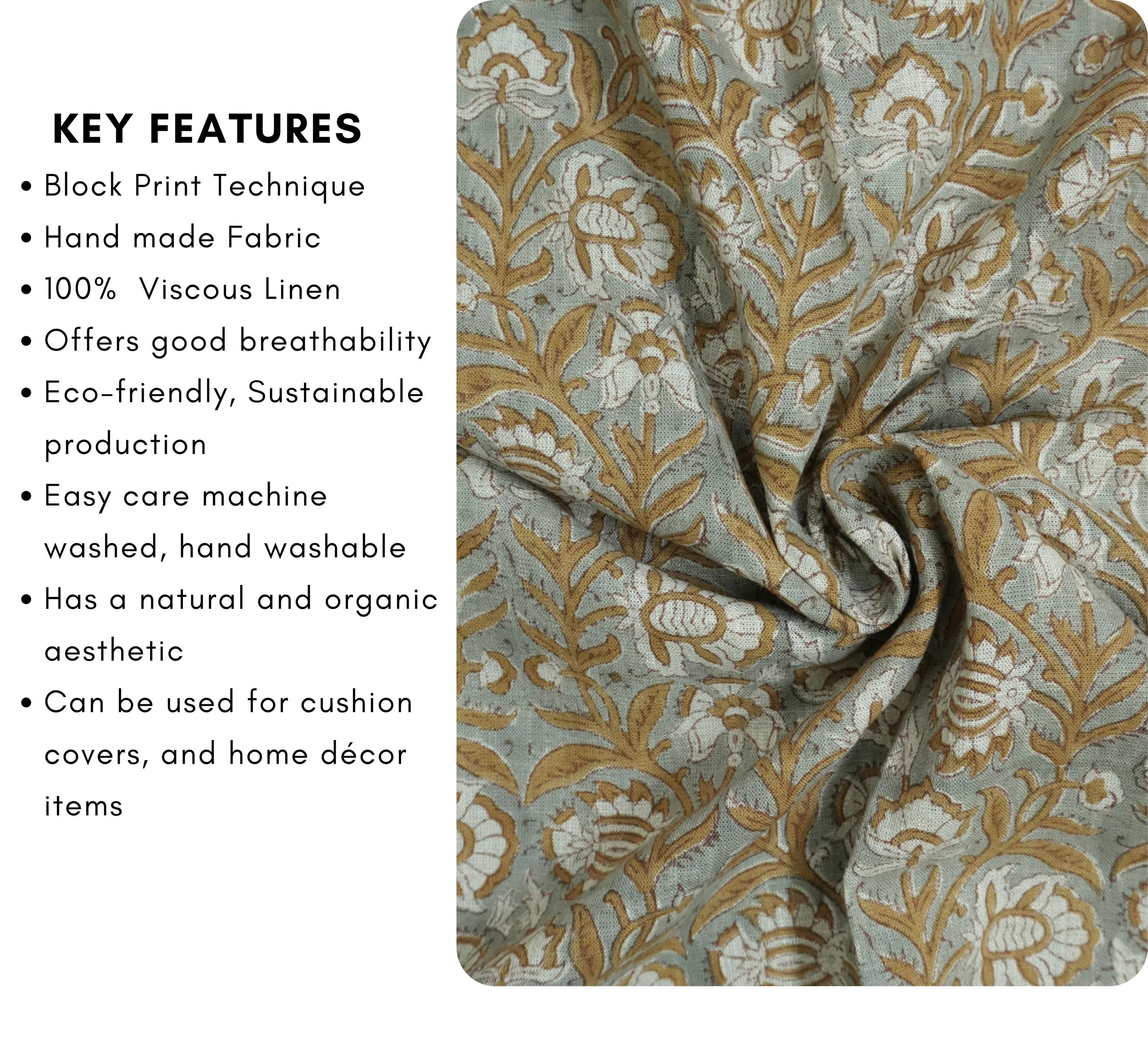 BROWN FLORAL MOTIF HAND BLOCK PRINT VISCOSE LINEN INDIAN FABRIC CURTAINS AND TABLE LINENS - JYOTI