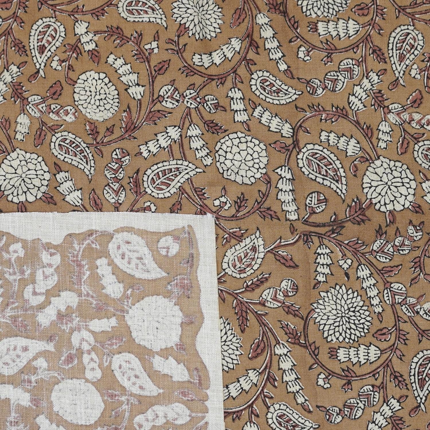 Linen blend fabric with brown floral block print inspired by Gopi style, ideal for holiday decor, handmade crafts, and rustic interiors.