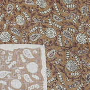 Linen blend fabric with brown floral block print inspired by Gopi style, ideal for holiday decor, handmade crafts, and rustic interiors.