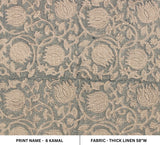 Thick Linen Fabric Handcrafted Floral Block Print in Gray & Beige Elegant 6 KAMAL - V