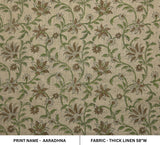 Hand Block Printed Thick Linen Fabric Elegant Floral Design in Green & Brown - ARADHANA