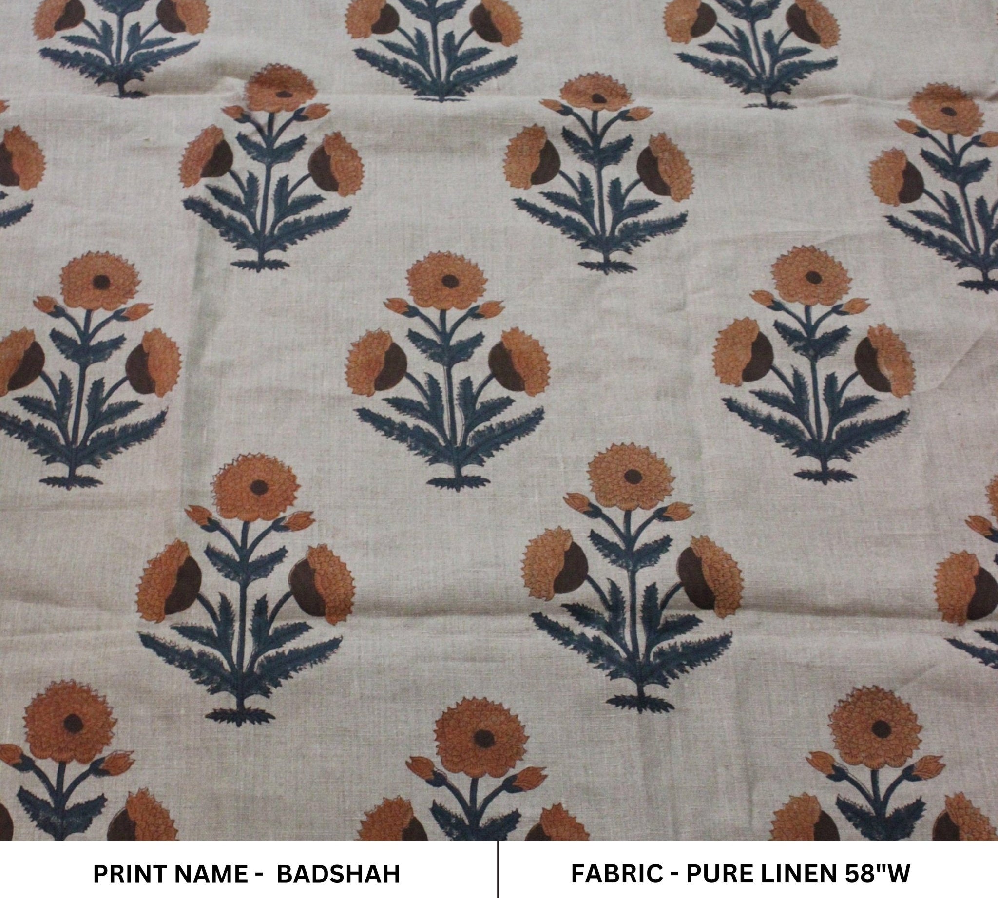 Badshah  Decor Linen,Summer Floral Pattern Hand Block Print Running Fabric Natural Fiber Fabric  Sold By The Yard, Upholstery, Curtain