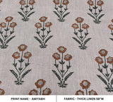 Traditional Block Printed Throw Cushion Fabric Brown & Green Floral Design on Premium Thick Linen - AMITABH