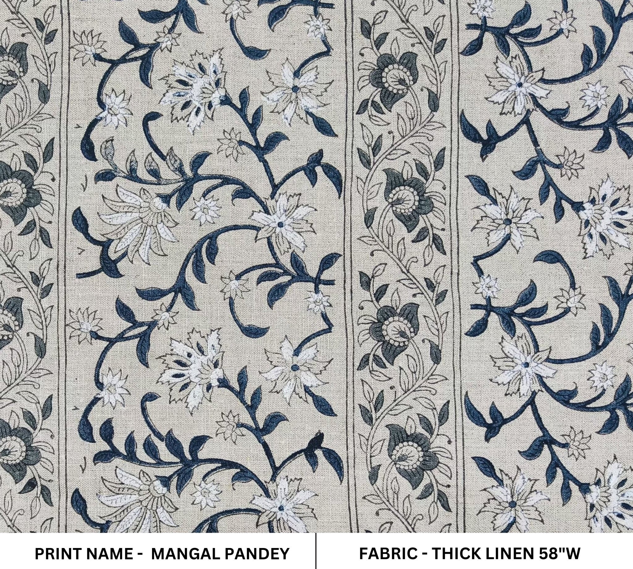 Block Print Linen Fabric, Mangal Pandey  Grey Blue Floral Block Print Linen Fabric, Floral Pattern Along With Alternate Border Pattern, Latest Pattern For Cushion