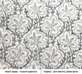 Handcrafted Traditional Gray and White Floral Throw Block Printed Off-White Linen Fabric - PUSHP SAMHITA