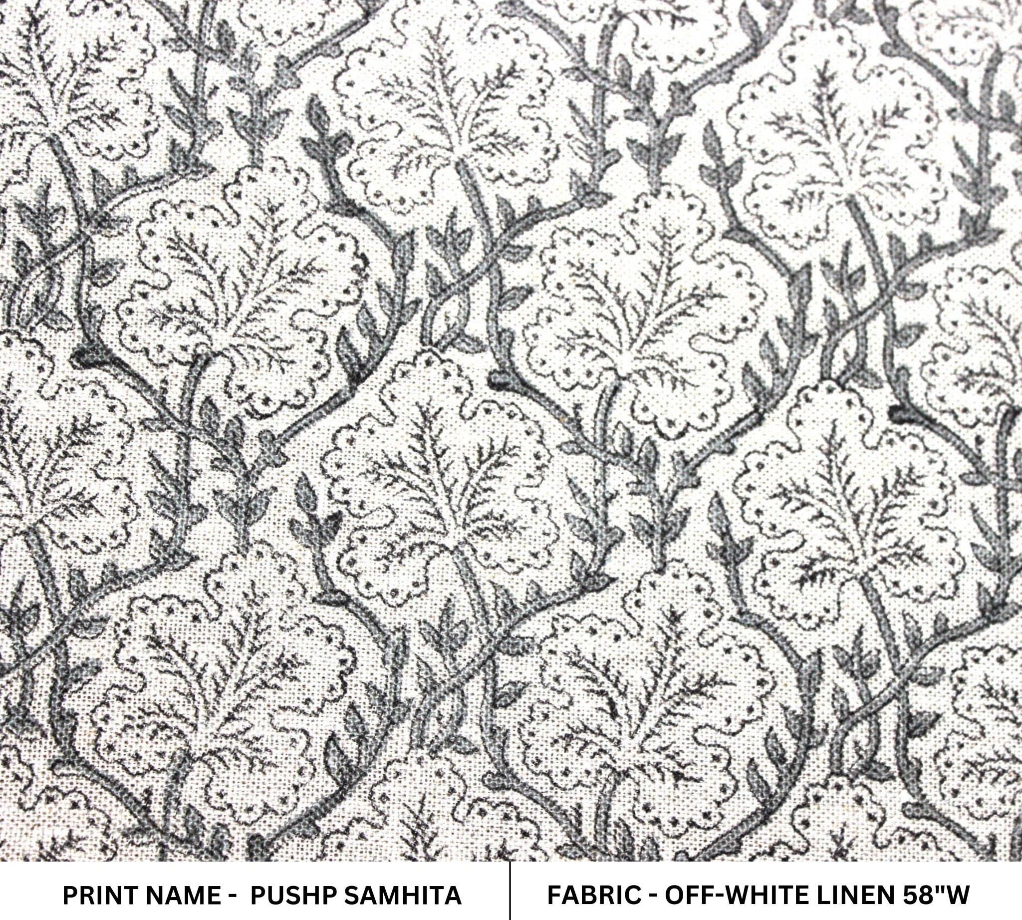 Block Print Linen Fabric, Pushp Samhita   Pillow Cover Fabric Linen, Hand Block Printed, Gray Papaya Leaf Print, Linen Upholstery Fabric, Designer Fabric