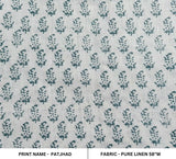 Handcrafted Throw Boho Green and Silver Floral Block Printed Pure Linen Fabric For Farmhoue - PATJHAD