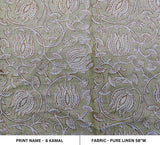 Handmade Floral Block Printed Pure Linen Fabric in Green & Brown Exquisite 6 KAMAL-IV