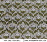 Handmade Block Printed Fabric in Green Floral on Thick Cotton White Perfect for Couch Pillow Cases - MADHUBALA