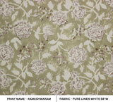 Handmade Throw Block Print Pure Linen Fabric in Green & Brown Floral on White Base – RAMESHWARAM