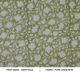 Indian Art Block Printed Throw Green & Gray Floral Boho 100% Pure Line Curtains Fabric - AMRIT VELA